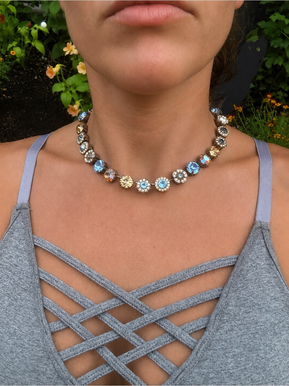 Mariana Swarvoski Crystal Blue Champagne Aurora Borealis Floral Necklace - Picture 5 of 11